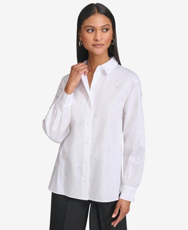 Karl Lagerfeld Womens Cotton Embellished Long-Sleeve Blouse Product Image