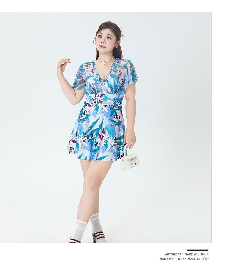 Short-Sleeve V-Neck Leaf Print Swim Dress Product Image