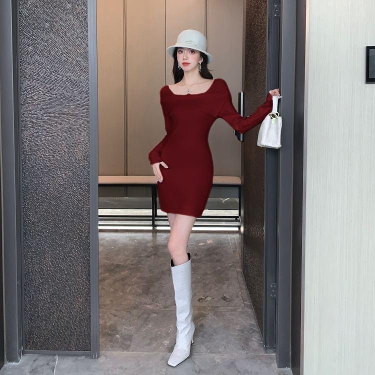 Long-Sleeve Square Neck Plain Mini Sheath Knit Dress Product Image