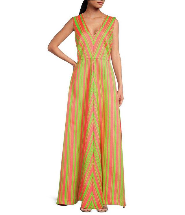 Trina Turk Bryony Sorento Stripe Jacquard V-Neck Sleeveless A-Line Maxi Dress Product Image