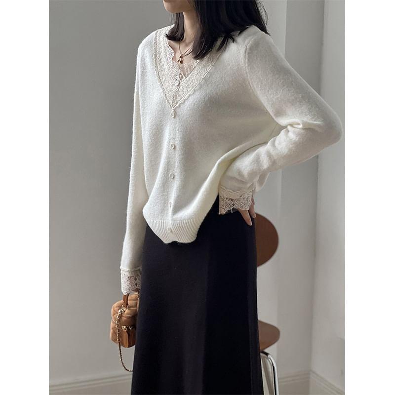 Long-Sleeve V-Neck Lace Panel Button Accent Knit Top Product Image