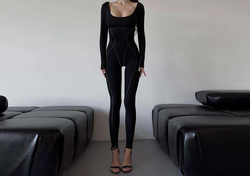 Long-Sleeve Scoop Neck Contrast Stitching Slim Fit Jumpsuit Product Image