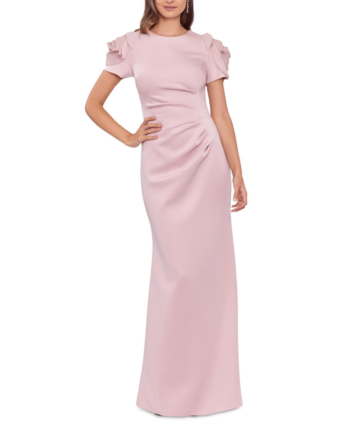 Xscape Rosette Short Sleeve Ruched Back Sheath Gown Product Image