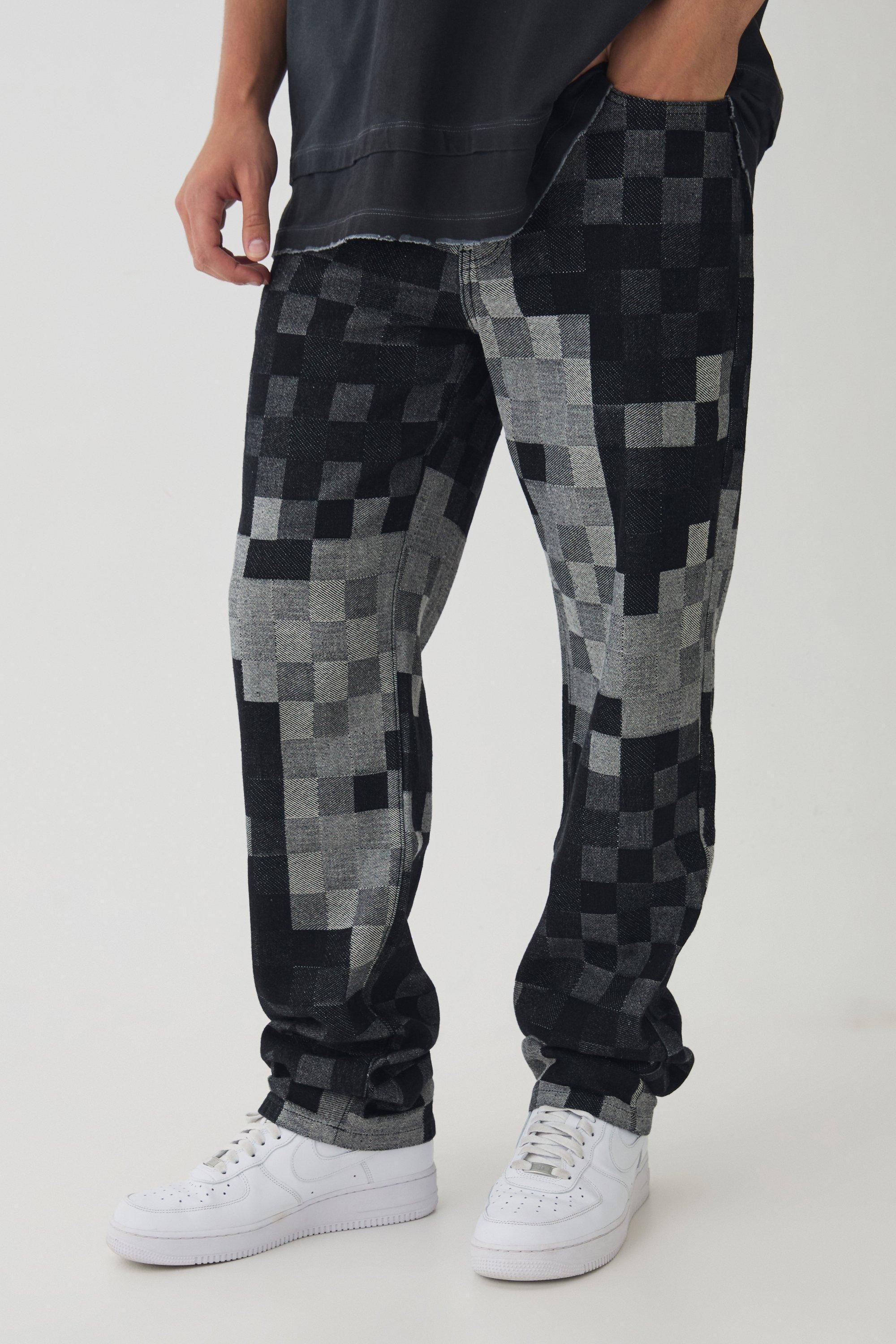 Relaxed Fit Checkerboard Jacquard Turn Up Hem Jeans | boohooMAN USA Product Image