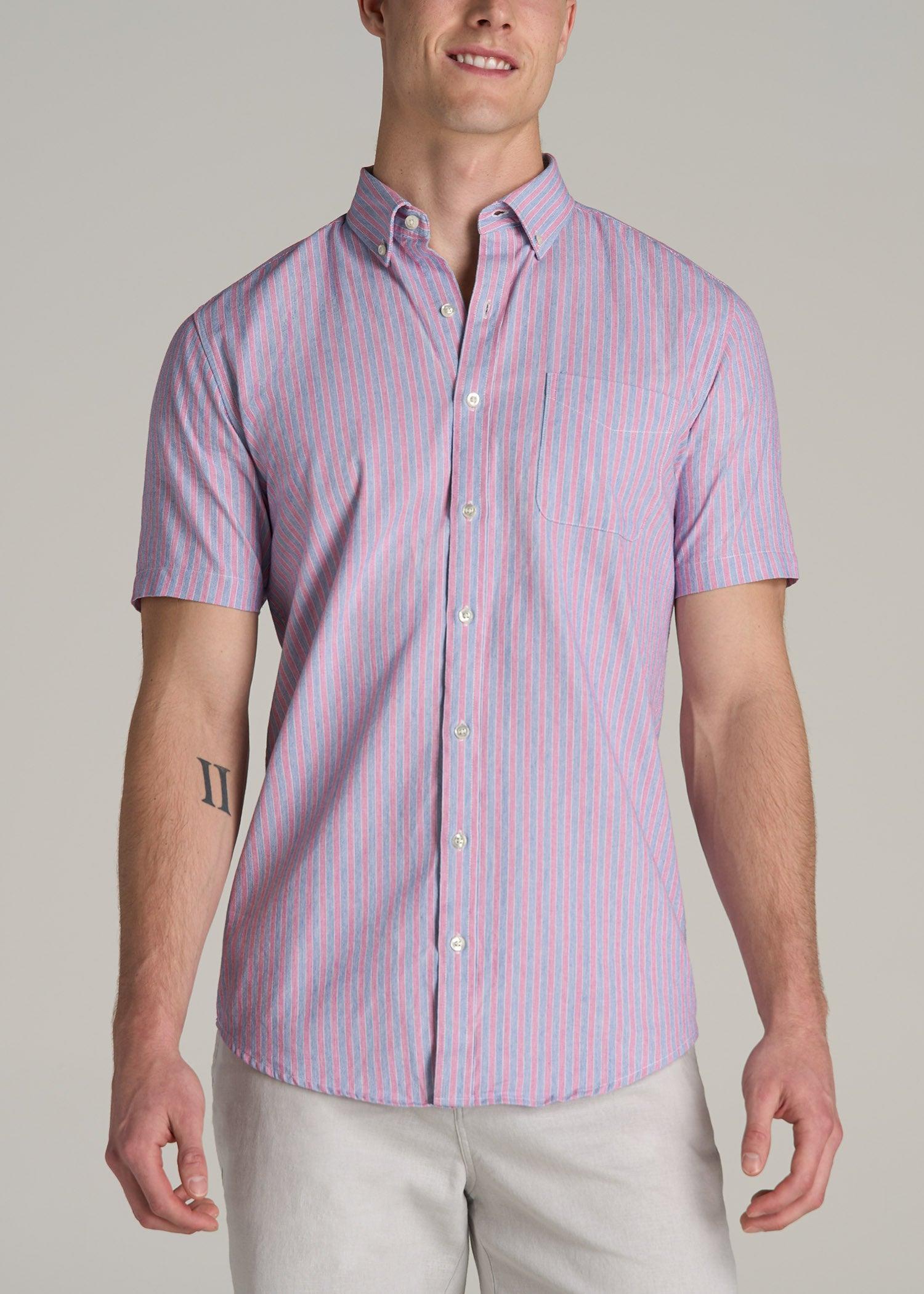 Short Sleeve Shirt for Tall Men in Blue and Rose Stripe product image