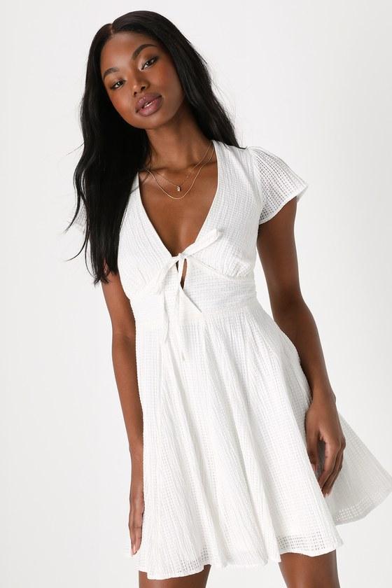 Forever Precious White Seersucker Short Sleeve Mini Skater Dress Product Image