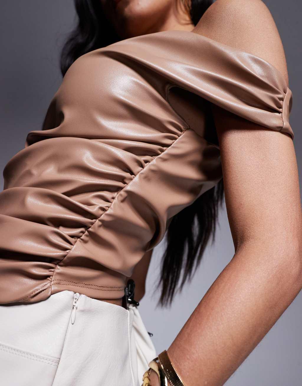 ASOS DESIGN leather look ruched off shoulder top in tan Product Image