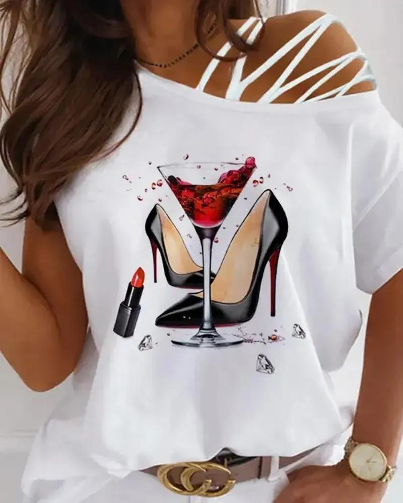 Olivia Mark – One Shoulder Graphic Print Lace Up Tee Product Image