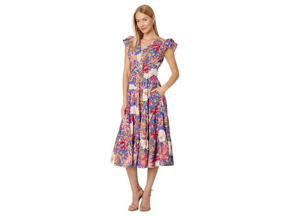 Vince Camuto Floral Smocked Waist Midi (Porcelain ) Women's Dress Product Image