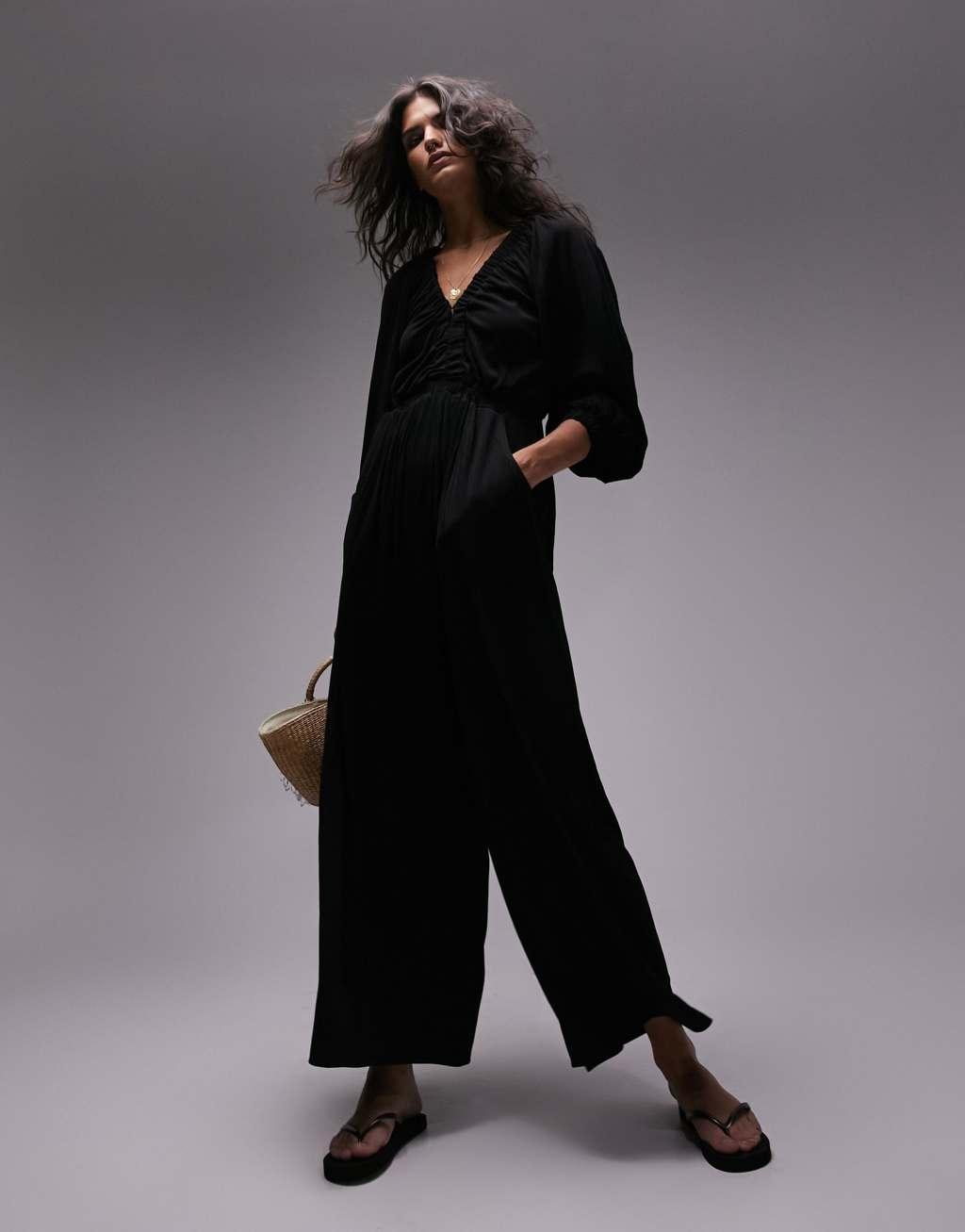 Topshop jersey long sleeve jumpsuit in black Product Image