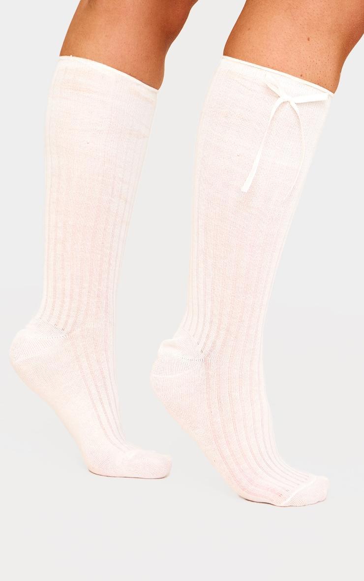 Cream Knee High Bow Detail Ribbed Socks Product Image