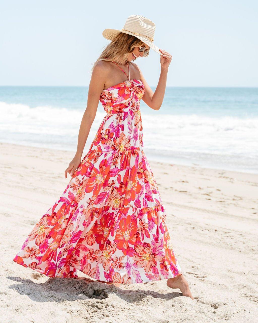 Orange Floral Print Halter Maxi Dress - FINAL SALE Product Image