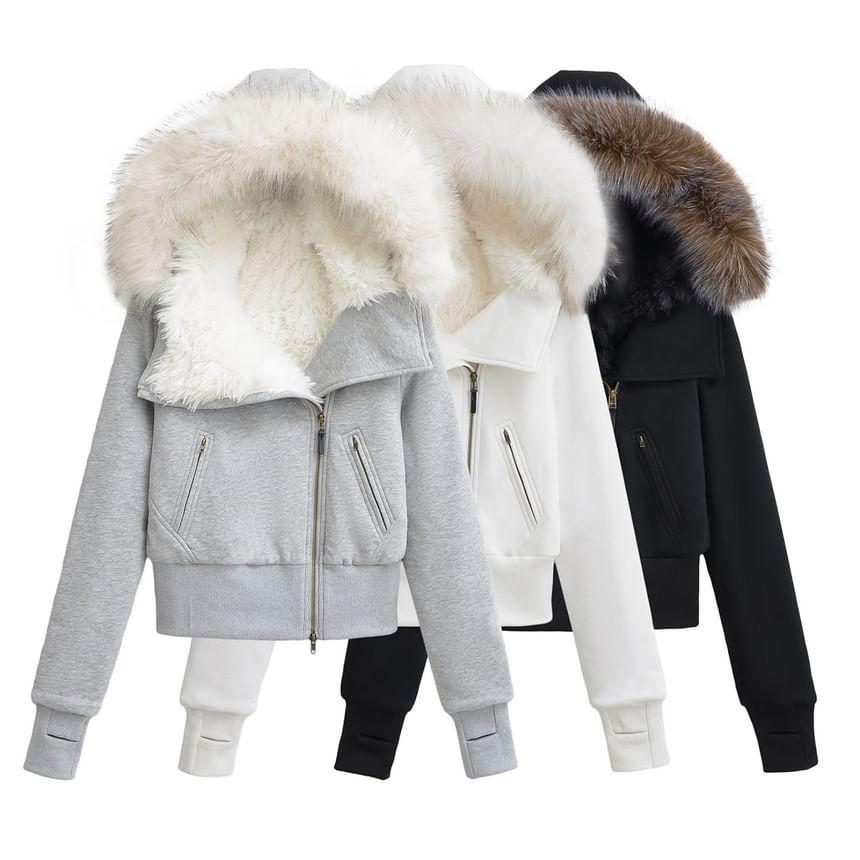 Long Sleeve Plain Fleeced Furry-Trim Hooded Zip-Up Jacket Product Image