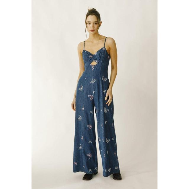 Butterflies Embroidered Denim Jumpsuit Product Image