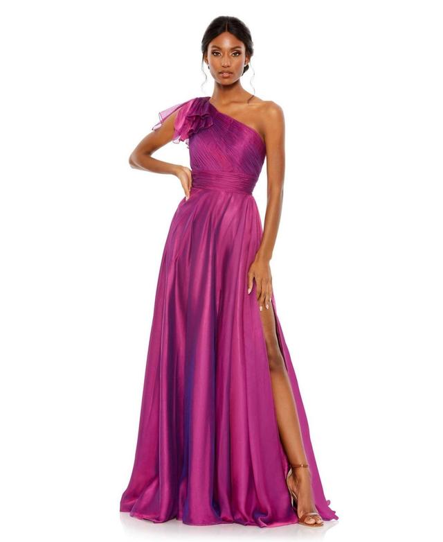 Mac Duggal Chiffon Pleated Asymmetrical Neck Shoulder Ruffle Cap Sleeve Thigh High Slit Gown Product Image