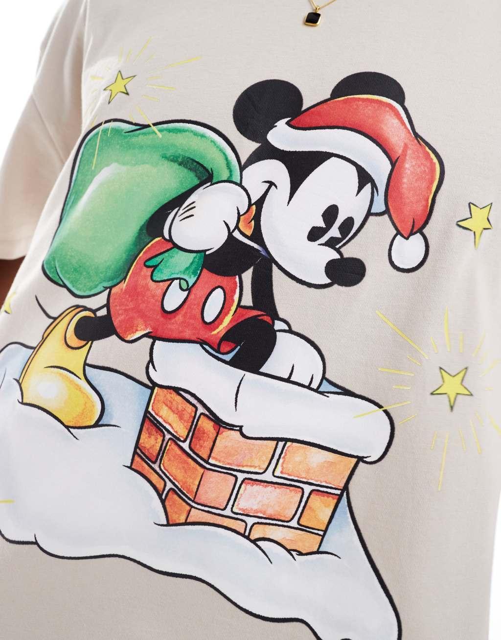 ASOS DESIGN Disney Christmas boxy oversized t-shirt with Mickey Mouse print in beige Product Image