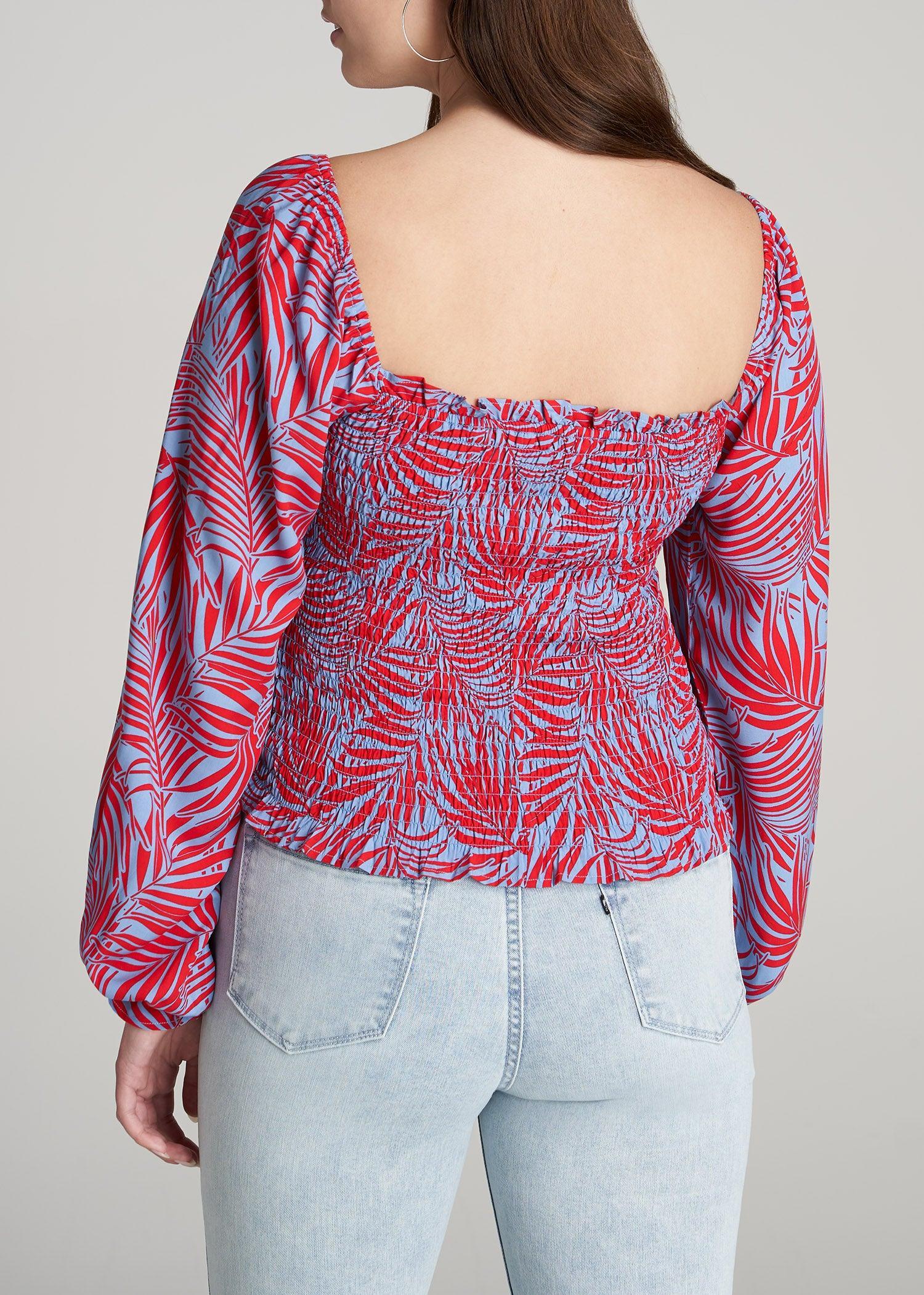 Women's Tall Balloon Sleeve Smocked Blouse in Red & Blue Tropical Print Product Image