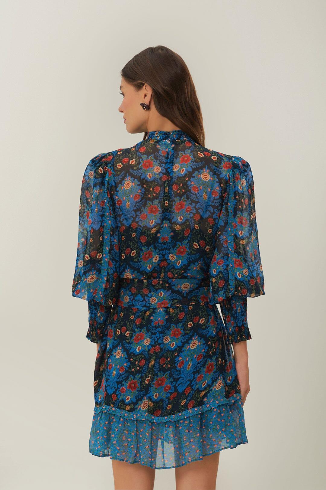 Blue Arabesque Floral High Neck Mini Dress, ARABESQUE FLORAL BLUE / XS Product Image