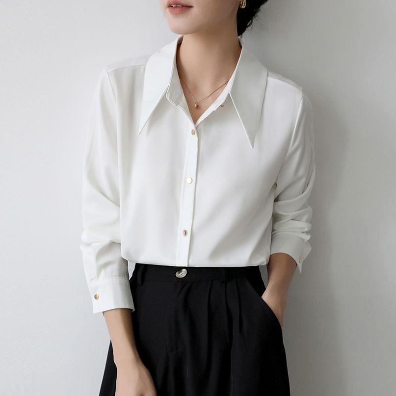 Long-Sleeve Satin Plain Shirt Product Image