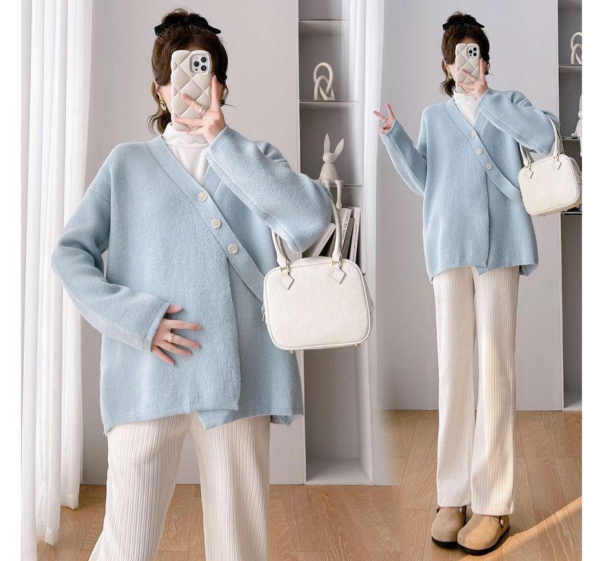 Maternity V-Neck Plain Button Sweater / Elastic Waist Plain Straight Leg Pants / Set Product Image