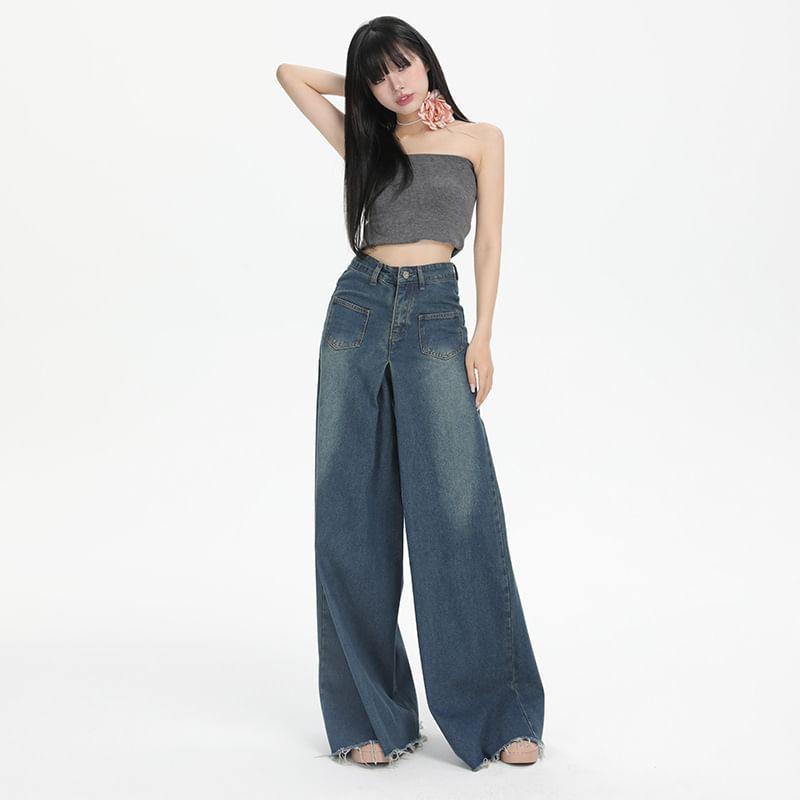 High Rise Washed Frayed Wide Leg Jeans (Various Designs) Product Image