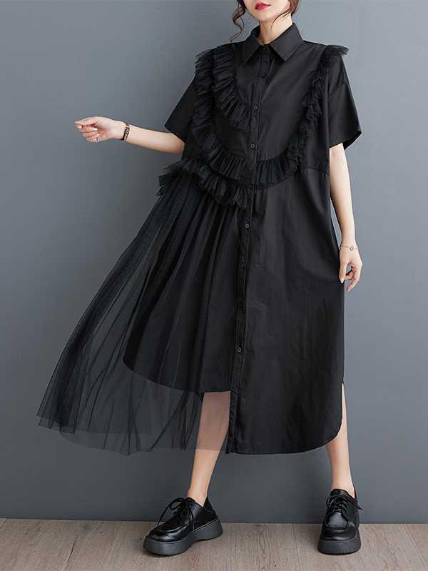 A-Line Half Sleeves Asymmetric Buttoned Ruffled Solid Color Split-Joint Lapel Midi Dresses Shirt Dress Product Image