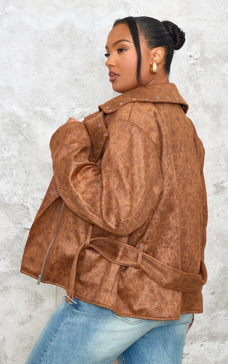 Plus Brown Washed Faux Leather Hardware Detail Belted Jacket Product Image