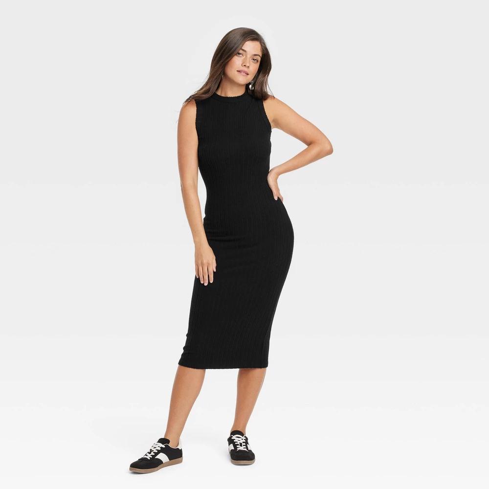 Womens Rib-Knit Midi Bodycon Dress - Universal Thread Black L Product Image