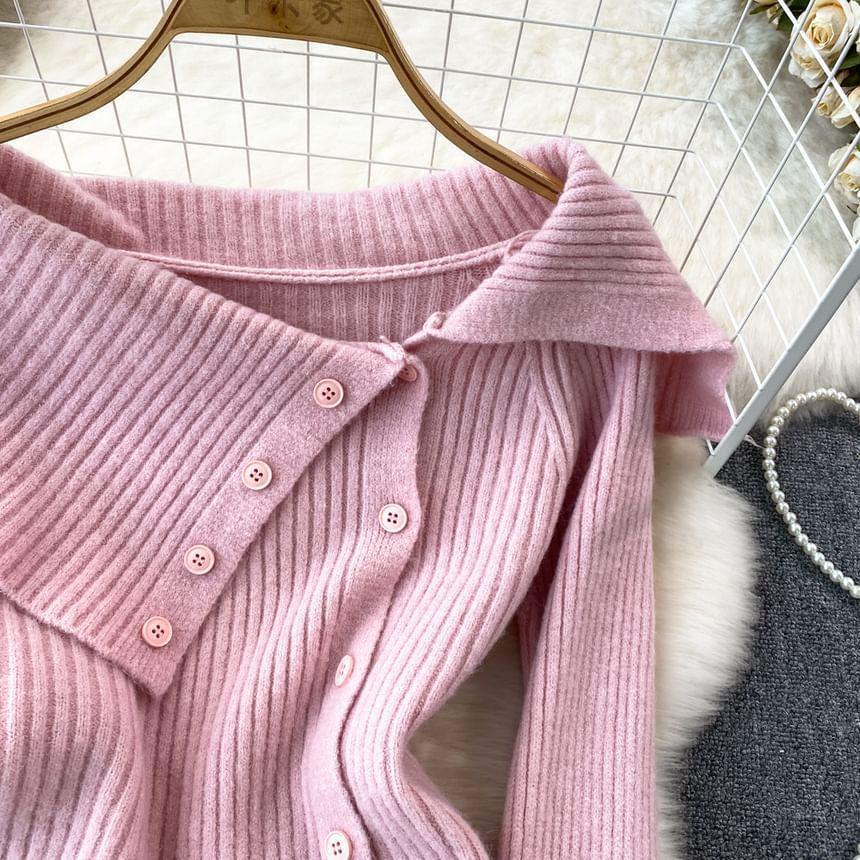 Asymmetrical Neck Plain Ribbed Sweater Product Image