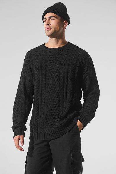 Cable Knit Crew Neck Sweater - Black Product Image