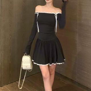 Long-Sleeve Off-Shoulder Plain Lace Trim Mini A-Line Dress Product Image