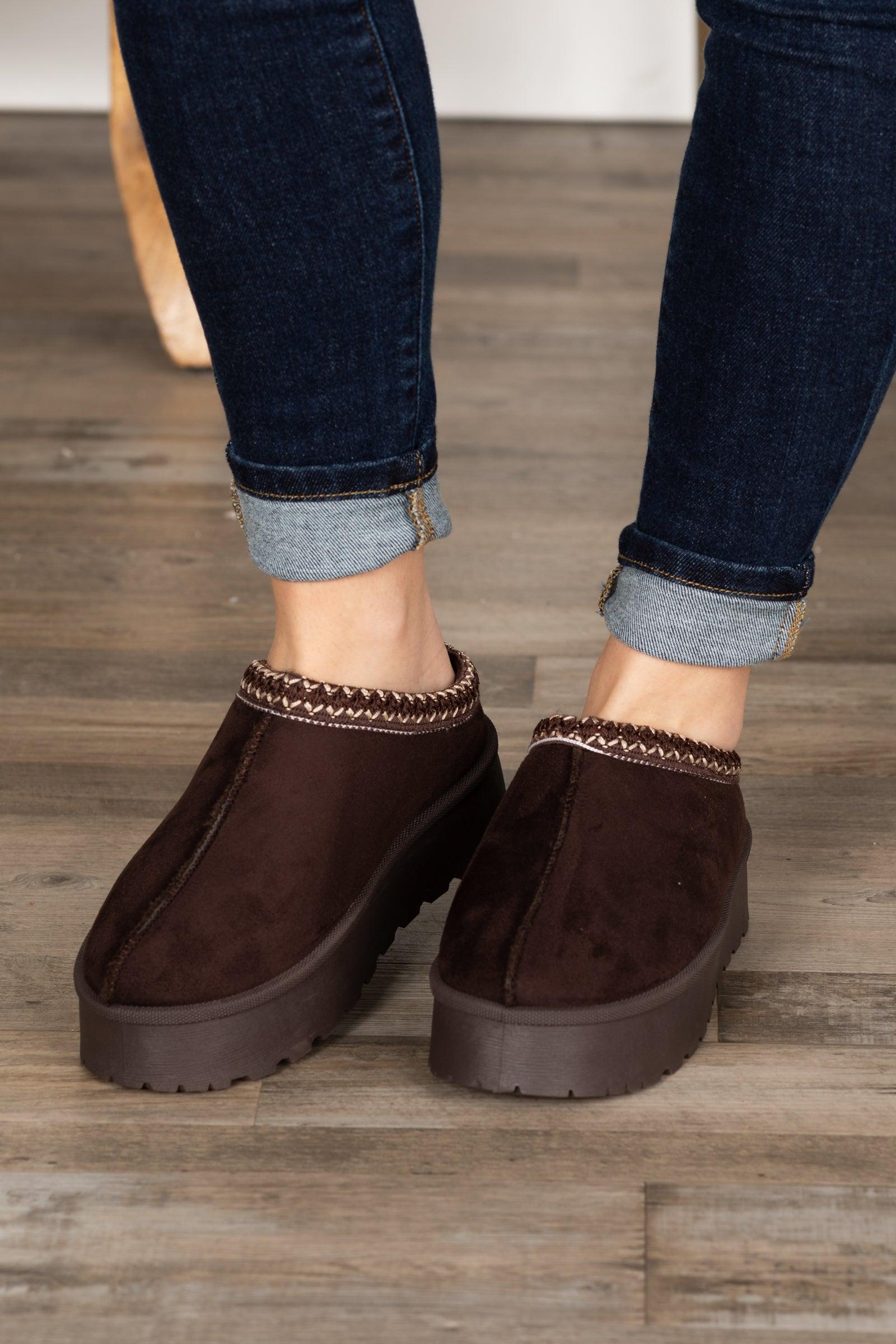 Brown Platform Sherpa Slip On Shoes With Seam Product Image