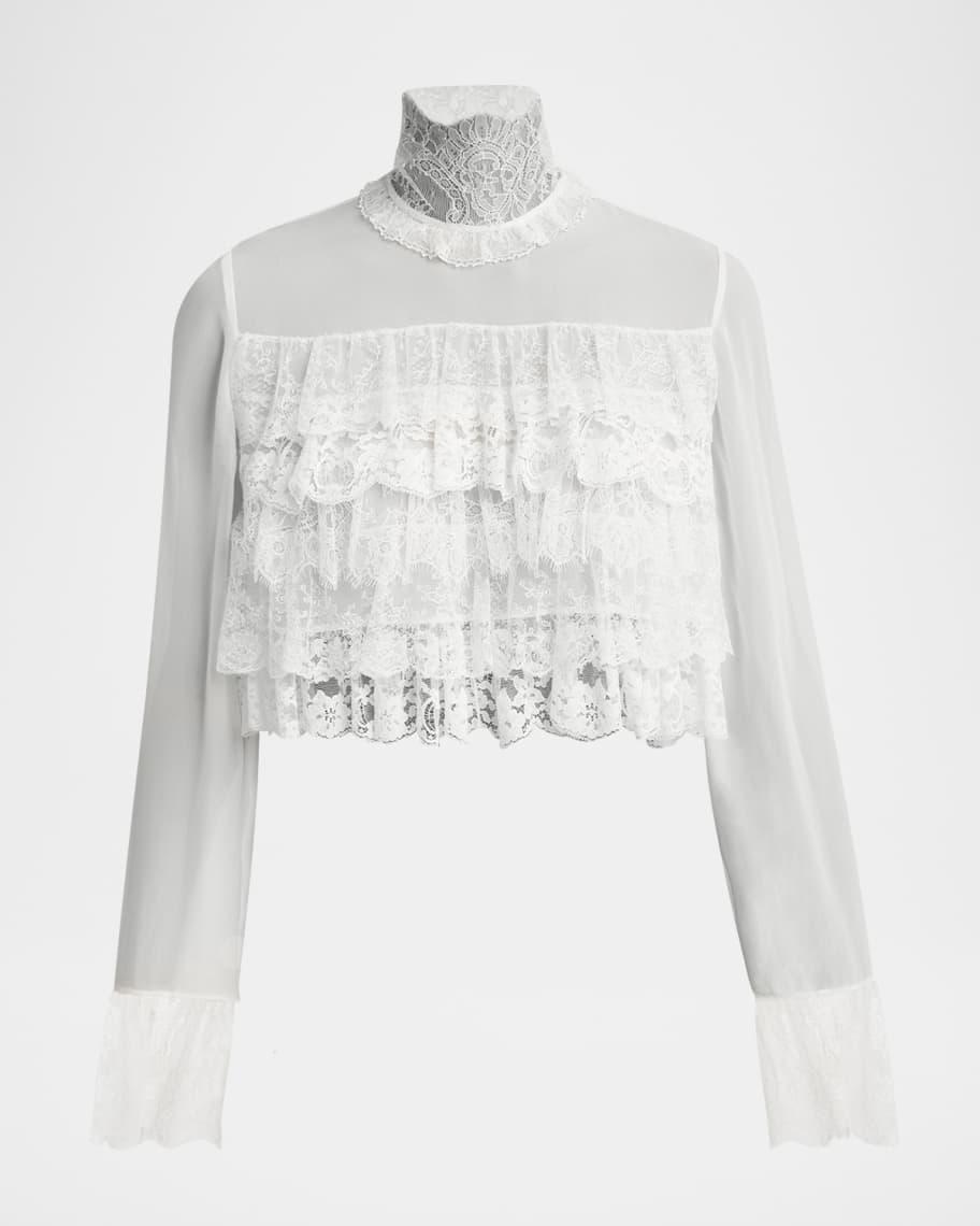 Lace Ruffle Long-Sleeve Silk Crop Top product image