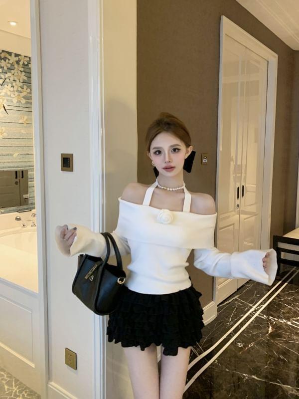 Long-Sleeve Halter Neck Off-Shoulder Plain Floral Accent Crop Knit Top Product Image