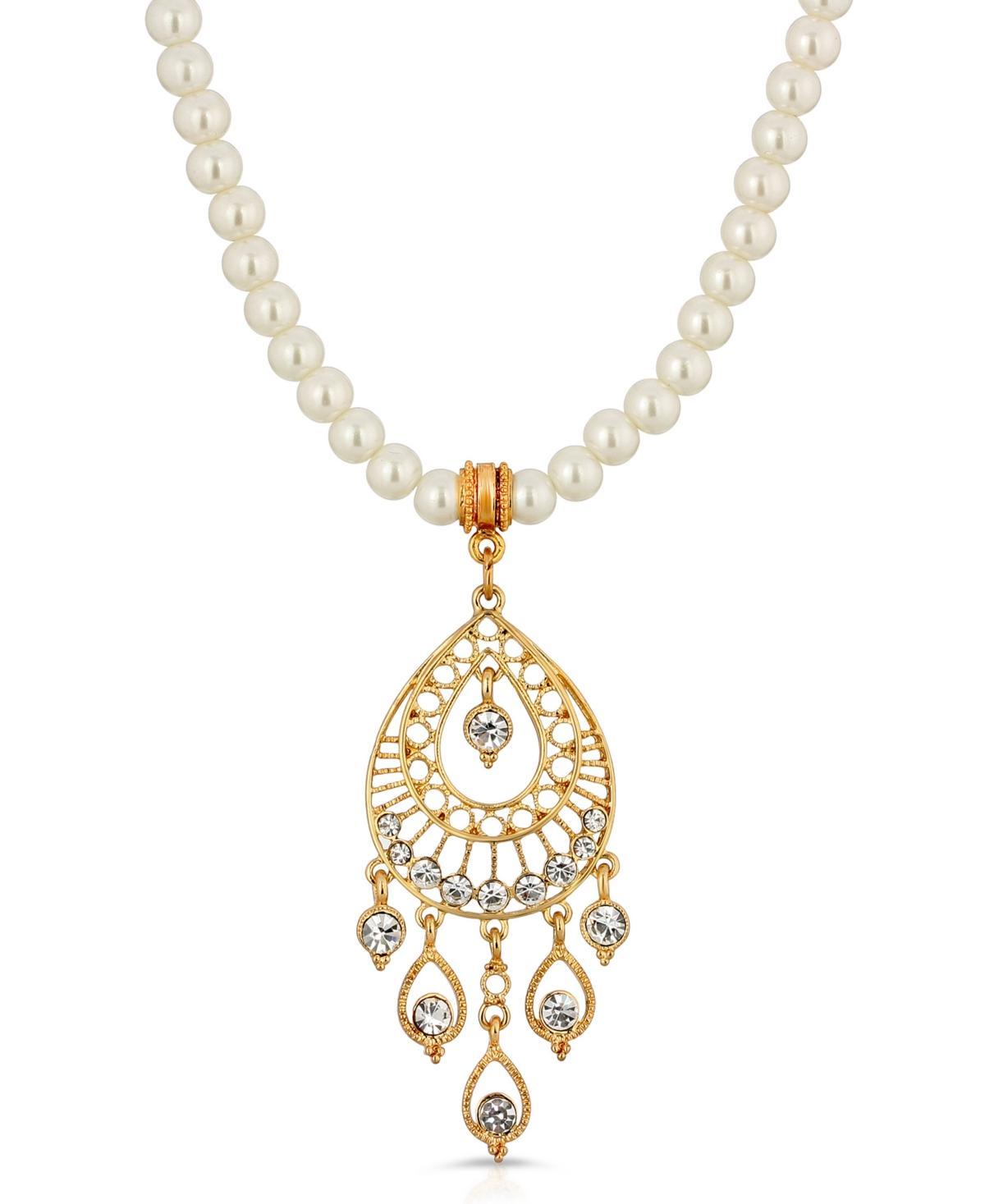 1928 Gold-Tone Crystal Filigree Drop Pearl Necklace, Womens, White Product Image