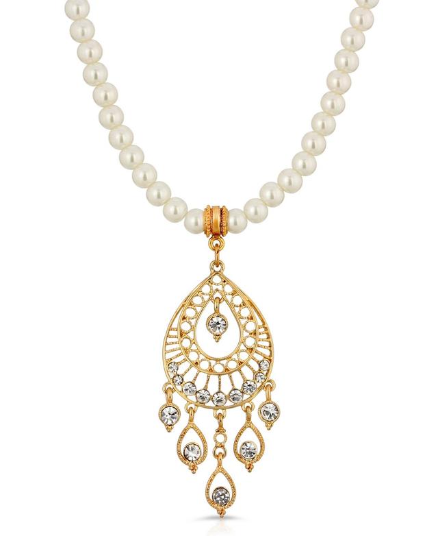 1928 Gold-Tone Crystal Filigree Drop Pearl Necklace, Womens, White Product Image