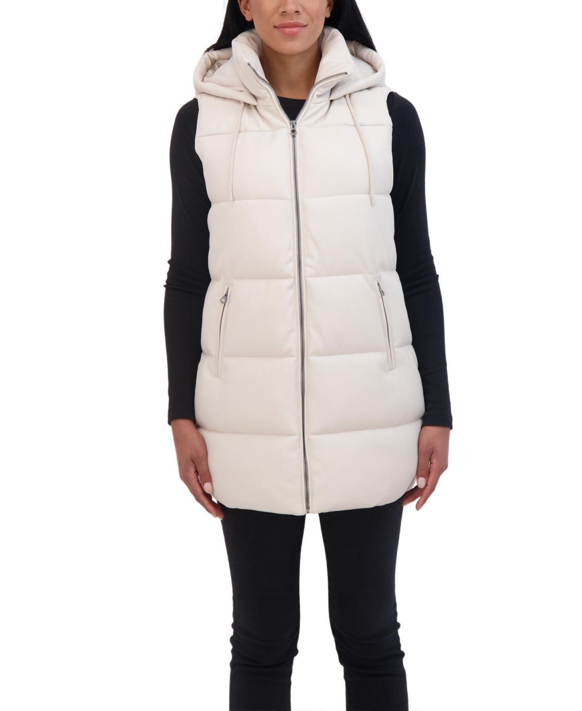 Sebby Collection Womens Puffer Faux Leather Vest with Hood Product Image