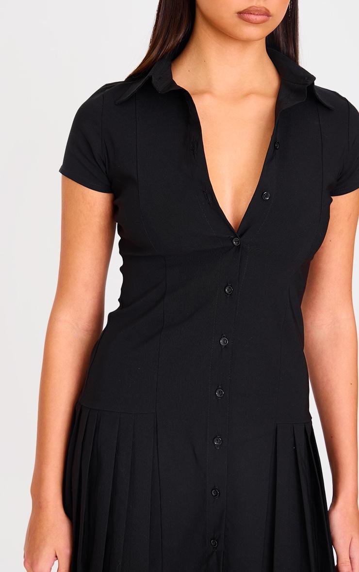 Black Button Down Cap Sleeve Pleated Hem Shift Dress Product Image