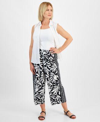 Petite Printed Mid Rise Cropped Wide Leg Linen-Blend Pants, Created for Macy's Product Image