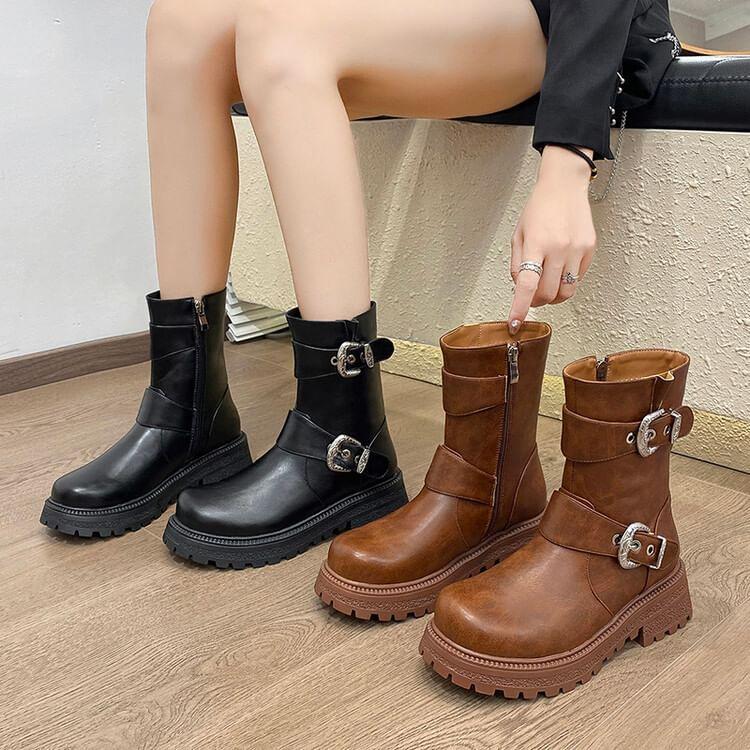 Buckled Platform Chunky Heel Short Boots Product Image