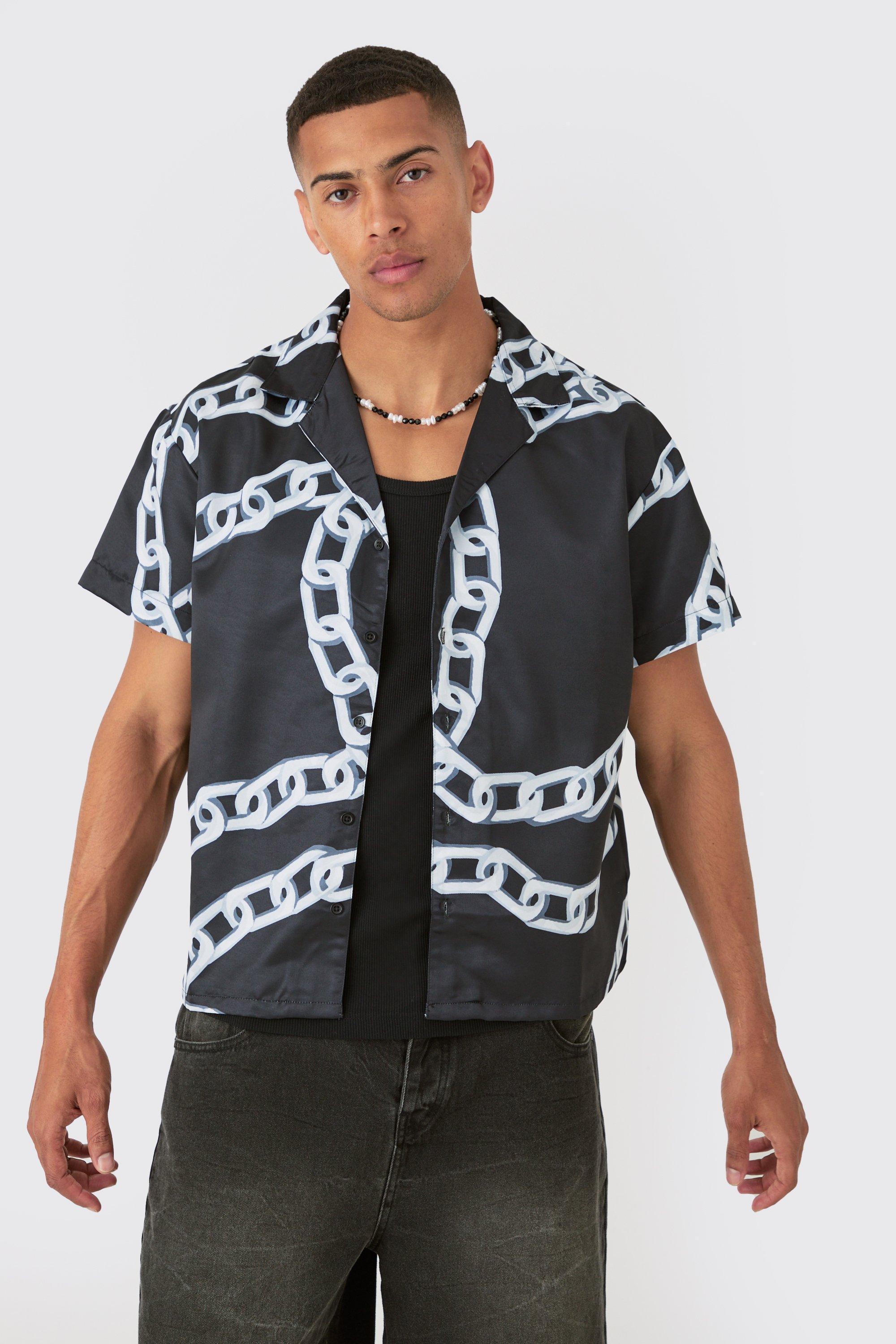 Mens Black Boxy Chain Satin Shirt, Black Product Image