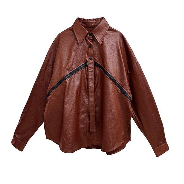 Long Sleeve Collared Plain Zip Detachable Faux Leather Shirt Product Image