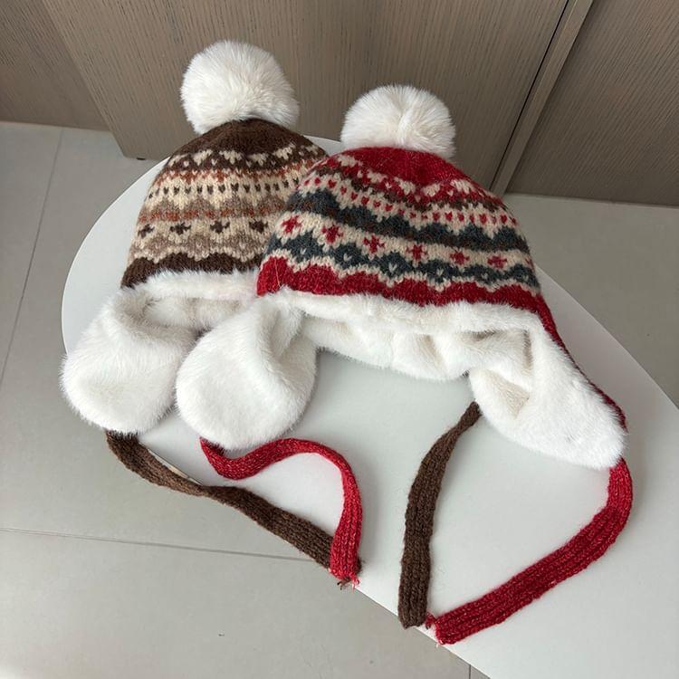 Patterned Pom Pom Faux Fur Trapper Hat Product Image