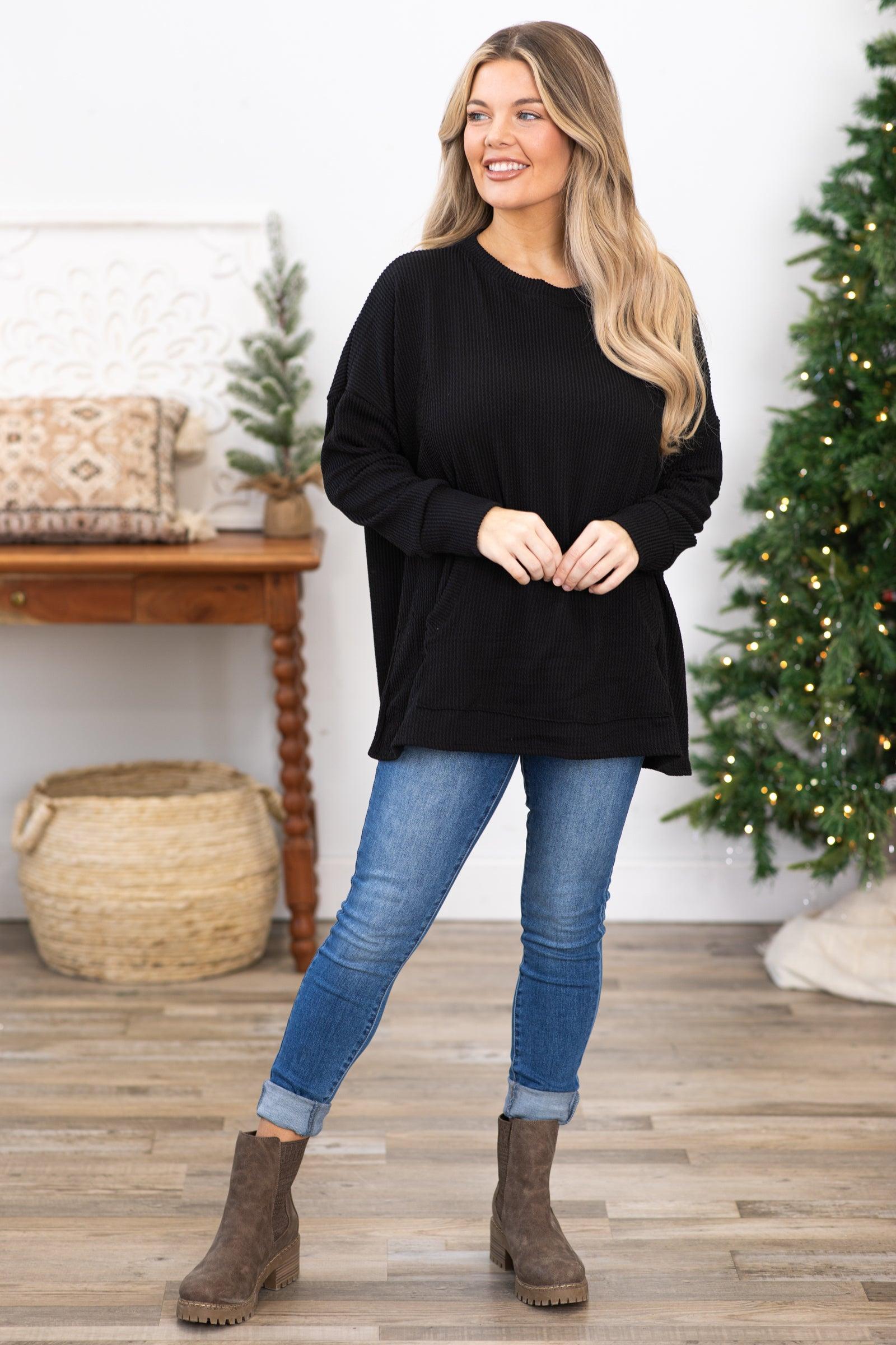 Black Ribbed Round Neck Top Product Image