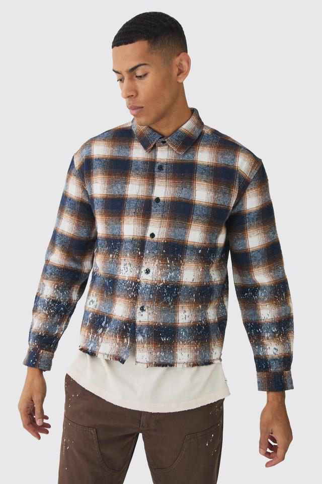 Oversized Boxy Distressed Paint Plaid Shirt | boohooMAN USA Product Image