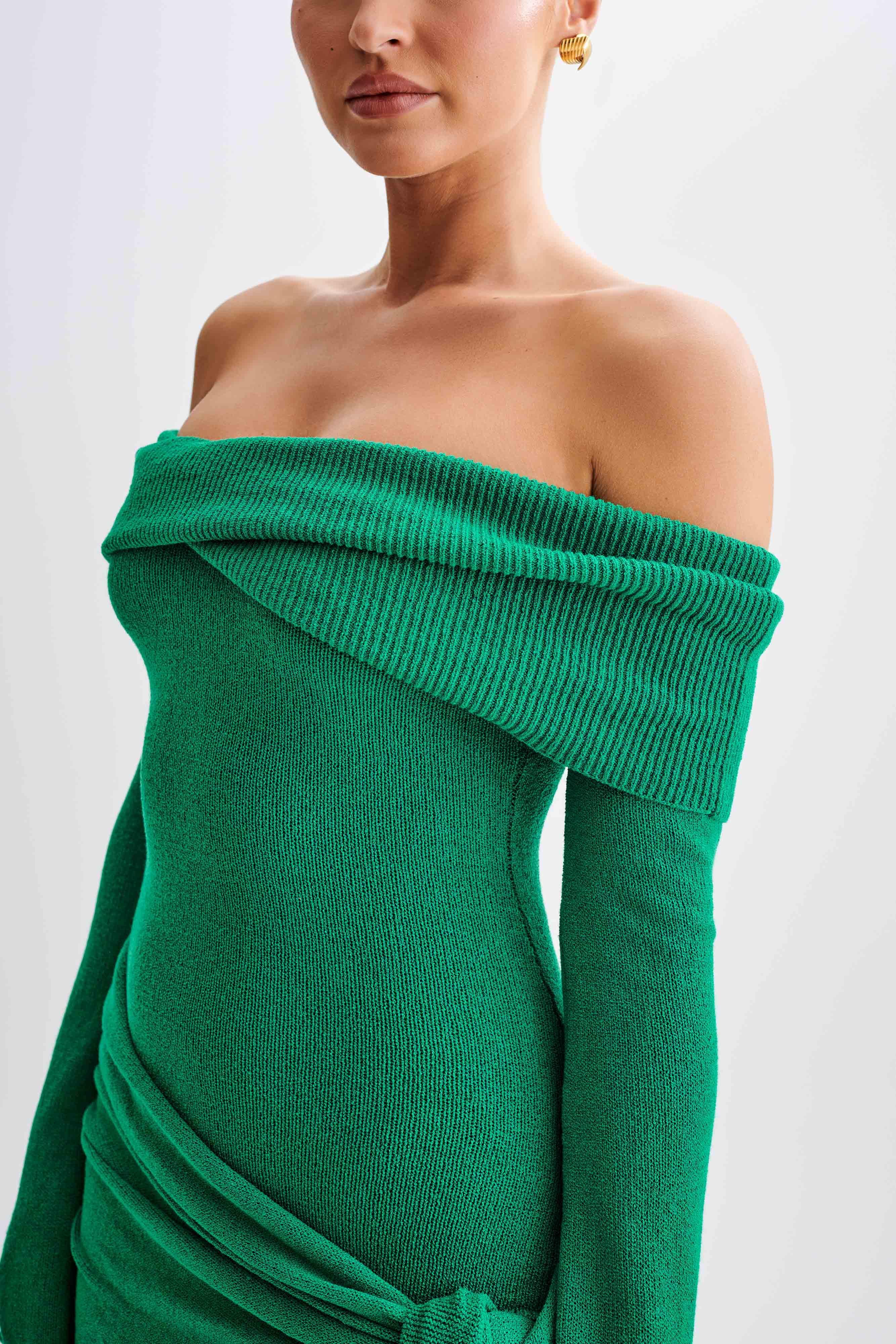 Camryn Off Shoulder Tie Knit Mini Dress - Green Product Image