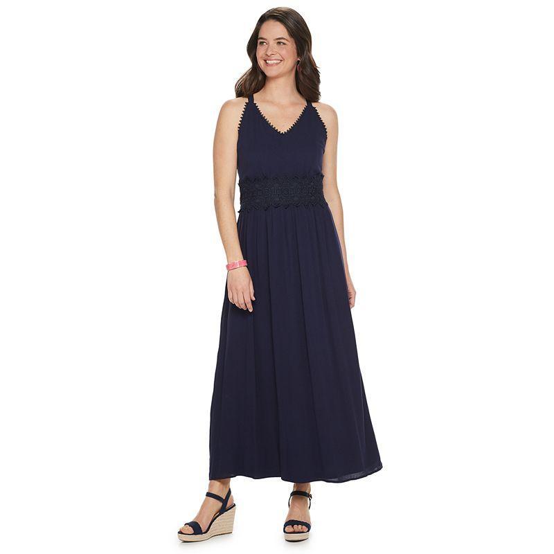 Womens Nina Leonard Crochet Trim Maxi Dress Blue Product Image