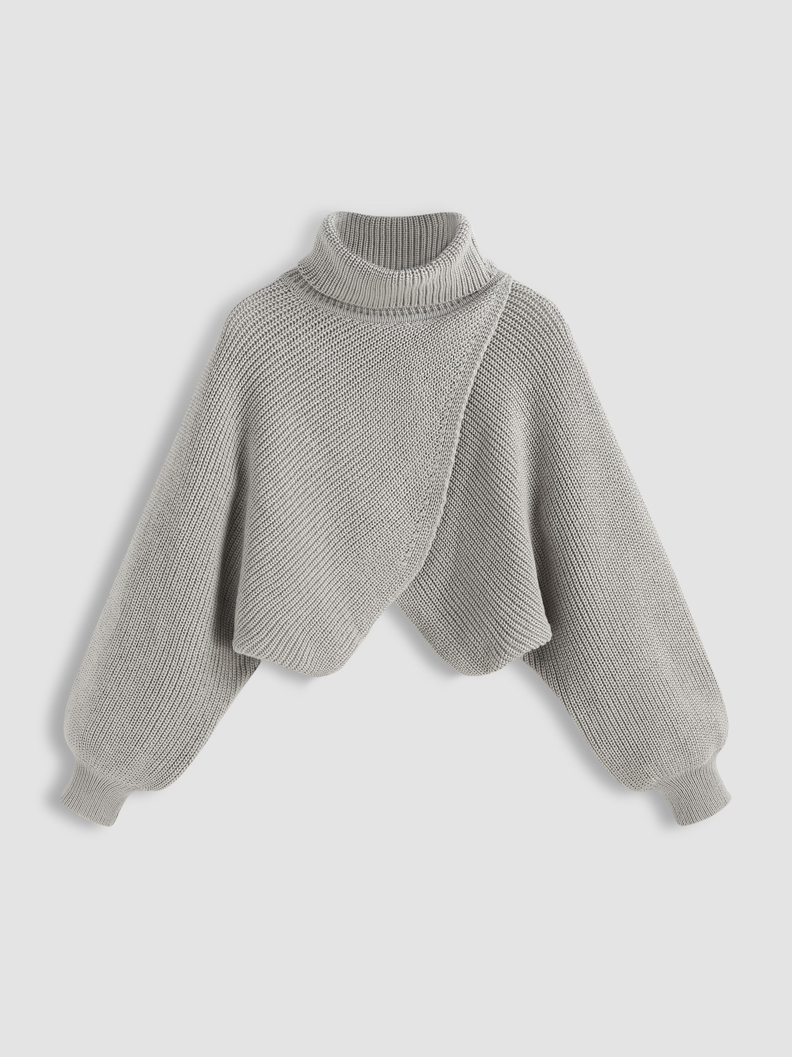 High Neck Solid Knitted Long Sleeve Crop Sweater Product Image