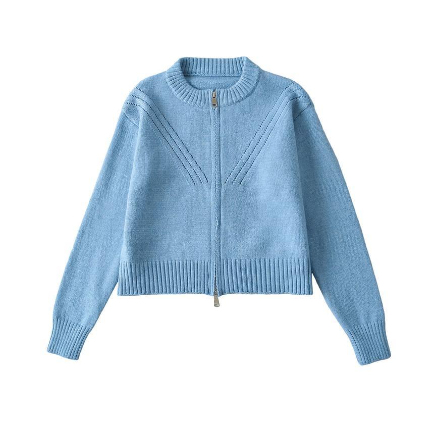 Crew Neck Plain Perforated Zip-Up Crop Cardigan Product Image