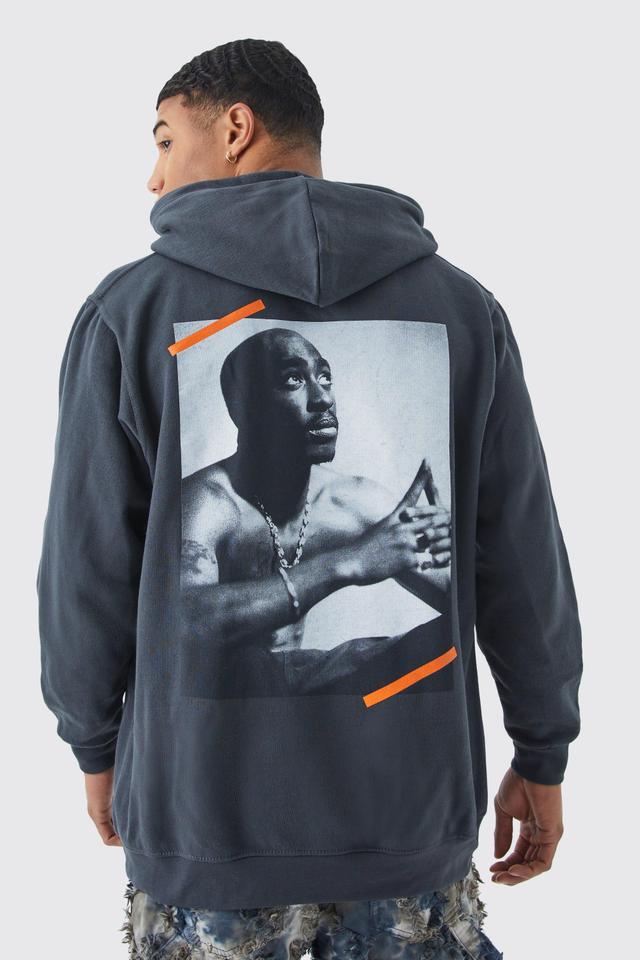 Mens Grey Oversized Tupac Word Print License Hoodie, Grey Product Image